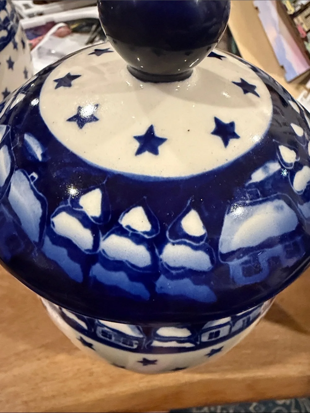 Polish Pottery Winter Village with stars canister 1 liter Ceramic